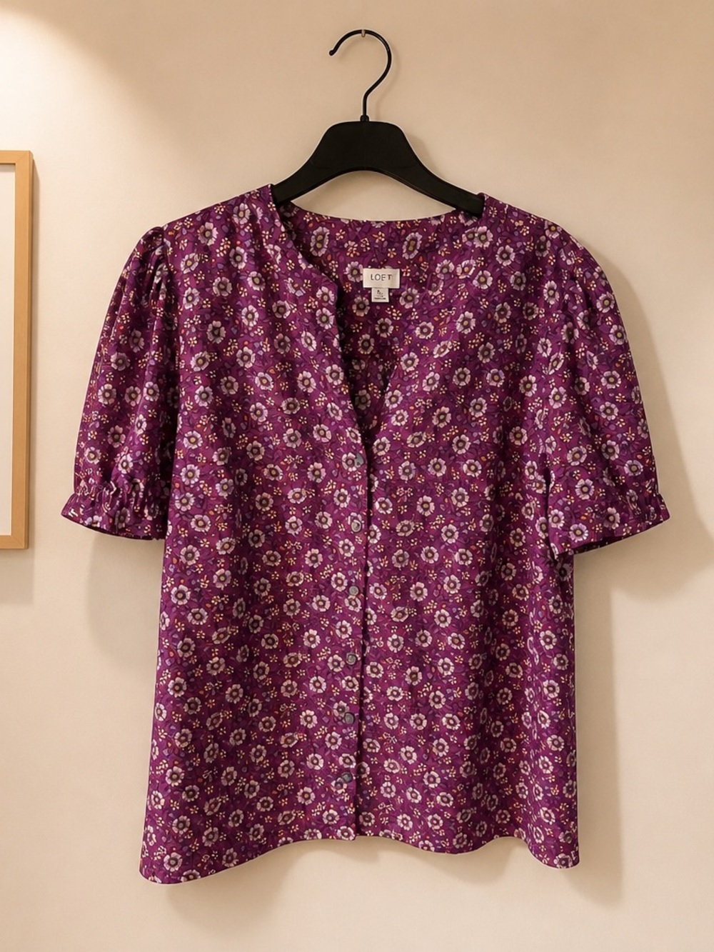 J. Crew Purple Floral Button-Front Puff Sleeve Blouse